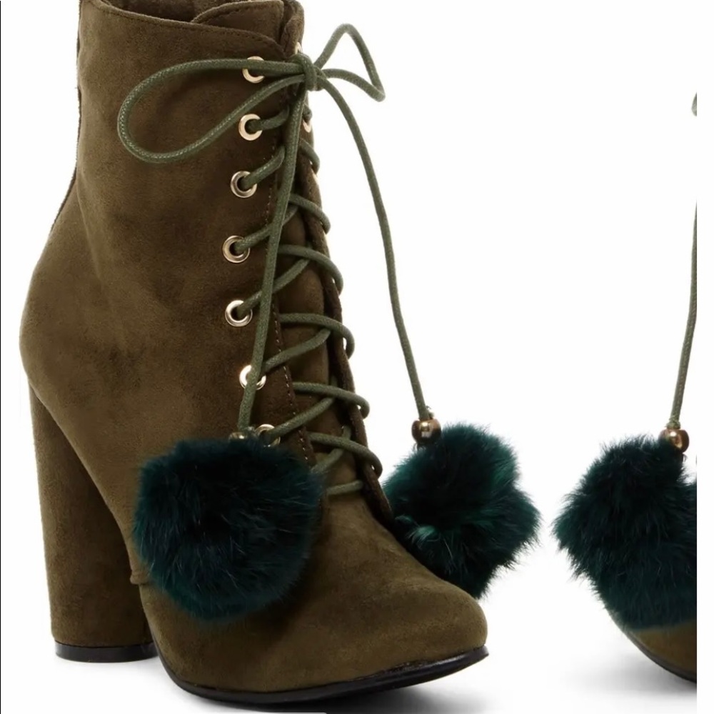 Catherine Malandrino Olive Green Fur Pom Pom Ankle Bootie